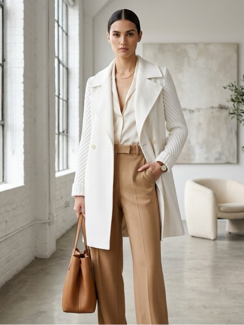 Vince cream wool double breasted coat with knit sleeves - XS